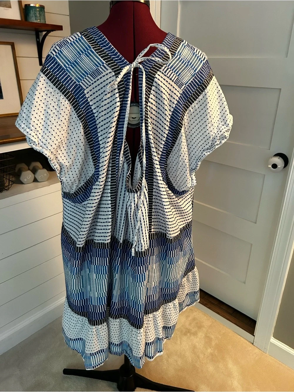 Free People Beach Blue and White V-Neck Striped Geometric Tunic